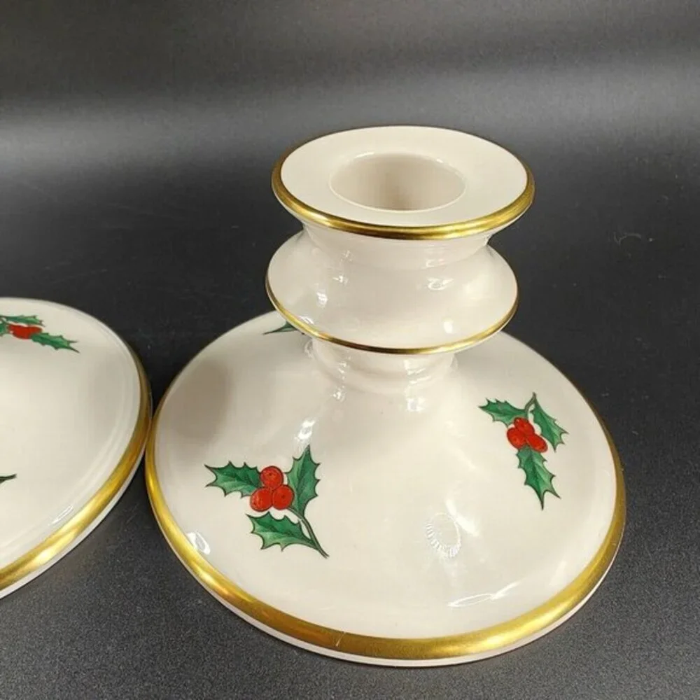 Pickard China Hand‎ Decorated Poinsettia Candle Stick Holder Set 2 Porcelain USA